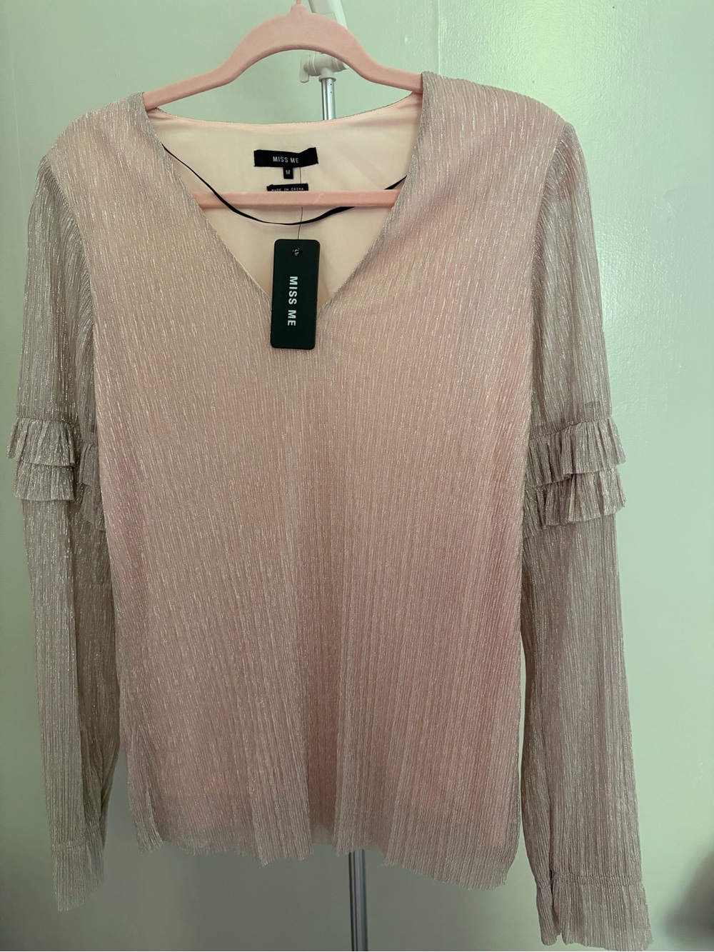 Miss Me Metallic Blush Long Sleeve V-Neck Ruffle Top